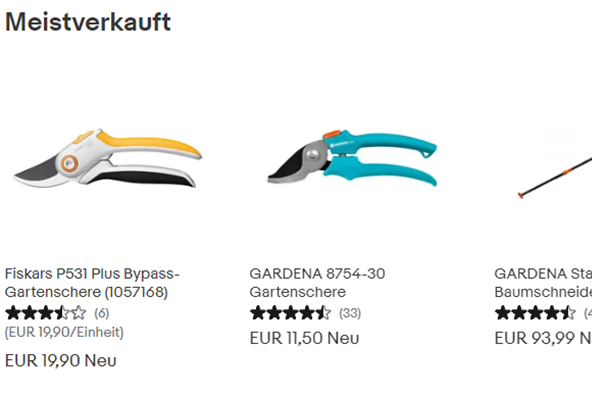 Screenshot des Elements meistverkaufter Artikel auf der eBay Webseite